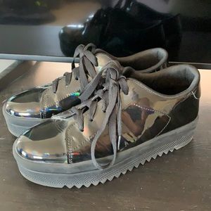 Black oil slick platform sneakers